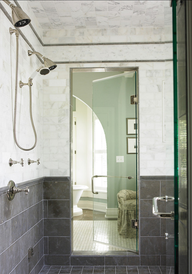 Shower Design Ideas. Shower Tiling Ideas. The white tile is Calcutta Gold marble and the gray tiles are Lagos Azul, Nova Blue. #Bathroom #ShowerIdeas #Shoertiles #TileIdeas