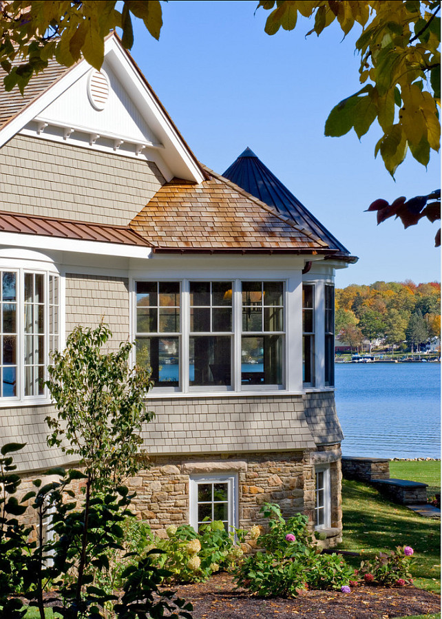 Exterior Home Ideas. The exterior of this home is a mix of cedar shingles and stone. #Exterior #Homes #ExteriorIdeas