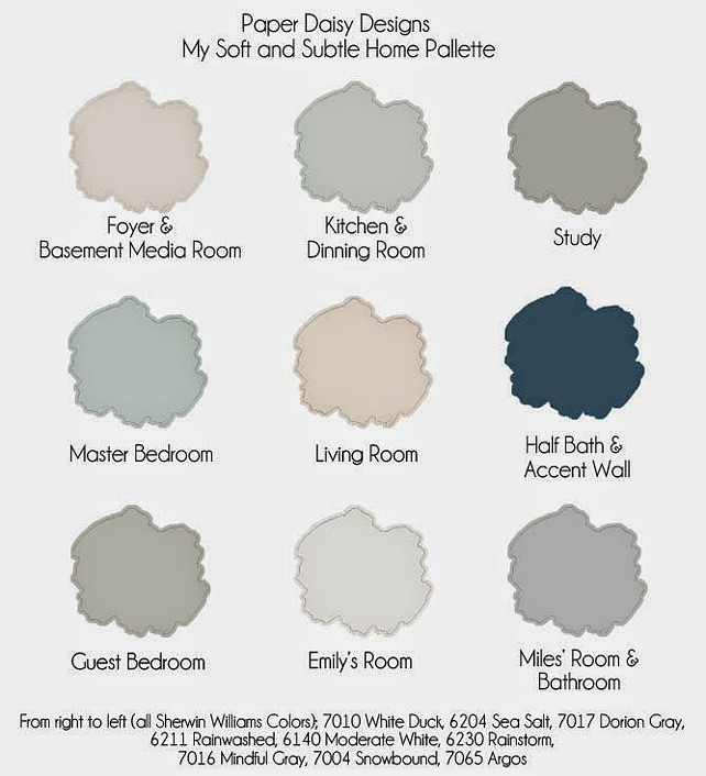Soft and Subtle Color Palette. Interior Color Palette. #InteriorColorPalette SW7010, SW6204, SW7017, SW6211, SW6140, SW6230, SW7016, SW7004, SW7065 Via Paper Daisy Designs.